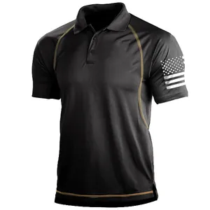 Black tactical polo shirt for men featuring a white US flag print on the sleeve detail.