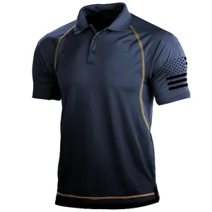 Detail view of navy tactical polo shirt with sleeve flag print and contrast piping