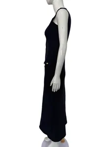 Side view of navy blue knit maxi dress with button detail on white mannequin