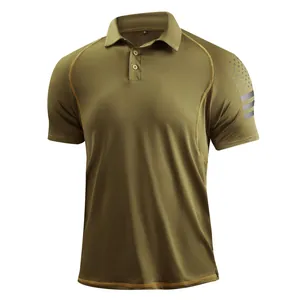 Detailed view of men's olive green tactical polo shirt with star pattern and contrast stitching