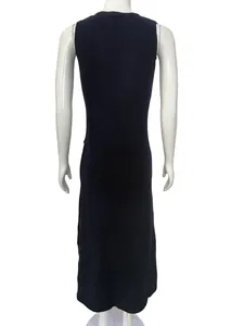 Detailed back view of an elegant navy blue sleeveless knitted maxi dress on a mannequin