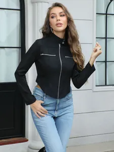Women's slim fit black biker jacket with stand collar, zipper and irregular hem