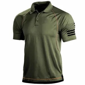 Men's Outdoor Tactical Polo Shirt Breathable Polyester Short Sleeve Top With US Flag Print Raglan Sleeve Sporty Polo Shirt