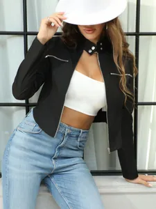 Women's black stand collar moto jacket with zipper details and irregular cropped hem