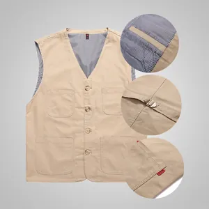 Detailed view of a khaki utility vest featuring multi-pockets and striped lining details