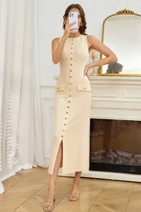 Sophisticated beige sleeveless ribbed knit maxi dress featuring decorative gold buttons