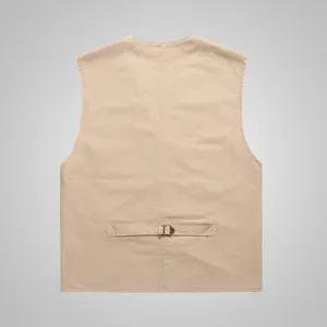 Rear view of men's casual khaki denim vest with adjustable back strap