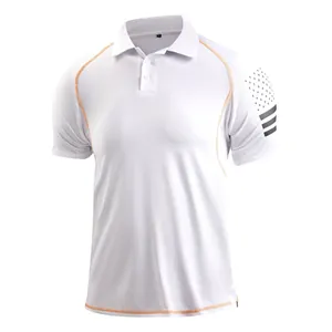 White men's tactical polo shirt featuring orange contrast stitching and sleeve graphic.