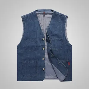 Detailed view of blue denim vest for men with multi-pockets and striped lining