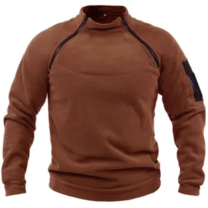 Men's brown tactical outdoor fleece sweatshirt with stand collar and zipper pockets