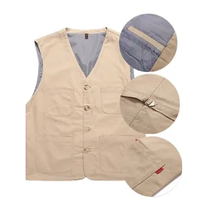 Casual men's khaki multi-pocket workwear vest with striped lining and adjustable back strap