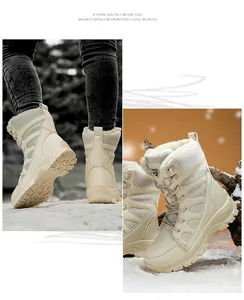 Vue détaillée de bottes de neige beiges à tige haute avec doublure en fourrure pour la randonnée.