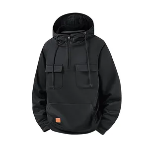 Front view of a black men's half-zip hoodie with multi-pockets and casual style