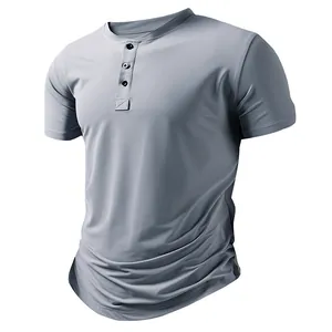 Detail of men's gray ice-feel Henley T-shirt showing fabric texture and three-button placket