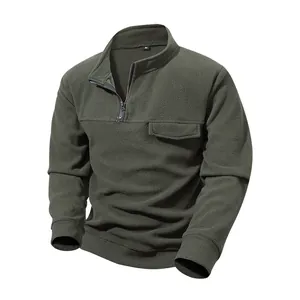 Herren Polarfleece-Sweatshirt in Armee-Grün mit Stehkragen, Reißverschluss und Brusttasche