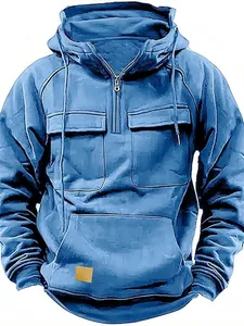 Men's blue hooded sweatshirt with multi-pockets and half-zip design