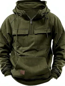 Tactical style men's olive green hooded sweatshirt featuring multi-pocket design and quarter zip
