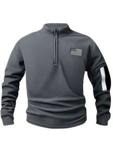 Herren Halbreißverschluss Polar Fleece Sweatshirt Locker US Flaggen Patch Outdoor Lässig Stehkragen Langarm Pullover Top