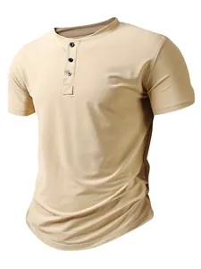 Men Casual Henley V Neck Short Sleeve T-Shirt Solid Color Ribbed Texture Breathable Ice Silk Top For Summer Sport Daily Workout Gym
