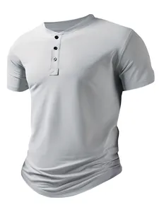 Men's athletic Henley neck short sleeve T-shirt made of cooling breathable grey fabric.