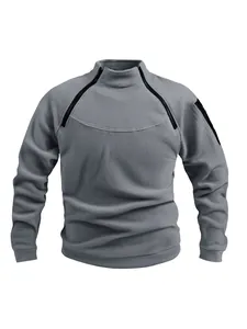 Front view of grey tactical fleece sweatshirt with stand collar and shoulder zippers