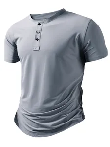 Men's athletic Henley short sleeve T-shirt made of ice-cool textured fabric in light grey