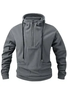 Sweat-shirt à Capuche en Polaire pour Hommes Vintage Américain Pull à Quart de Zip Ample Chaud Automne Hiver Haut