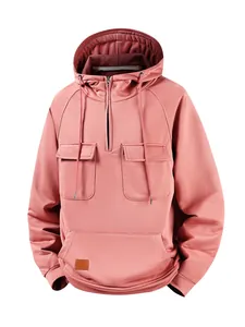 Men's Retro Hooded Sweatshirt Solid Color Multi-Pocket Patchwork Loose Fit Casual Sport Pullover Quarter Zip Hoodie Top