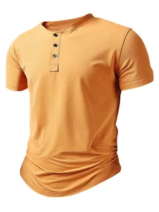 Men's athletic mustard yellow Henley short sleeve T-shirt with textured cooling fabric