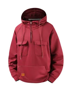 Men's vintage red quarter-zip hooded sweatshirt featuring multiple functional utility pockets
