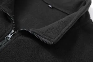 Close-up detail of half-zip collar and soft fleece texture on black sweatshirt