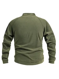 Back view of a men's olive green tactical fleece sweatshirt with a stand-up collar.