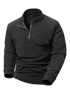 Herren Fleece-Sweatshirt in Schwarz mit Halbreißverschluss, Stehkragen und Brusttasche