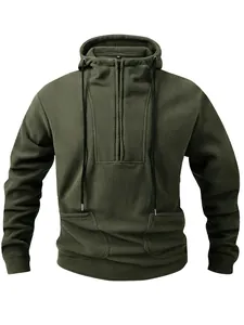 Sweat à capuche en polaire vert olive pour homme avec demi-fermeture éclair et cordon
