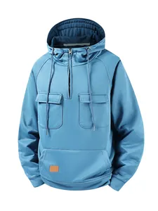 Men's vintage blue half-zip sweatshirt hoodie with multiple functional chest pockets