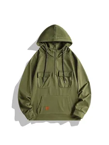 Sudadera con Capucha de Felpa Pesada Retro Americano para Hombre con Media Cremallera y Bolsillos Cargo Top Casual Cálido