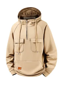 Men's vintage khaki half-zip hooded sweatshirt with multiple utility pockets and patch