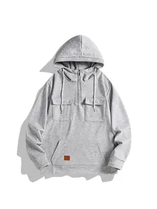 Sudadera con capucha vintage gris pesado para hombre con media cremallera y bolsillos