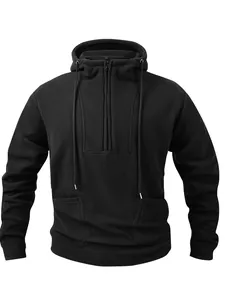 Sweat à capuche épais en polaire pour homme, coupe ample et col zippé, couleur noire.