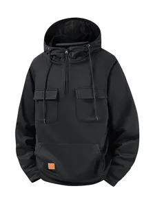 Classic men's black solid color hooded sweatshirt with multi-pocket design and half-zip