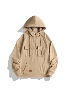 Sudadera con capucha pesada para hombre con cremallera media y bolsillos tipo cargo