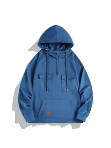 Sudadera con capucha retro americana pesada para hombre con cremallera media y bolsillos