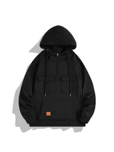 Sudadera con capucha retro americana para hombre con media cremallera y bolsillos