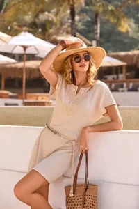 Elegant cream pineapple grid knit cover-up dress with V-neck lace detail for summer