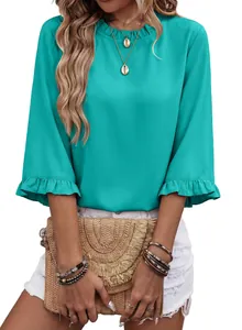 Detailed close-up view of a stylish turquoise ruffled round neck blouse with half sleeves