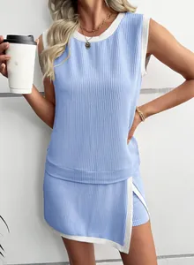 Close-up of blue ribbed knit two-piece set with sleeveless top and skirt-overlay shorts