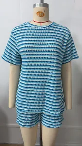 Front view of women's blue striped knitted T-shirt and shorts set on mannequin