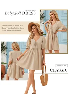 Beige V-neck puff sleeve babydoll dress, casual empire waist A-line mini summer dress