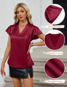 Elegant burgundy V-neck satin blouse featuring ruffled sleeves and soft silk fabric