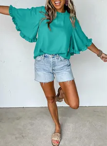 Fashionable summer turquoise ruffle half-sleeve blouse with round neck for daily wear